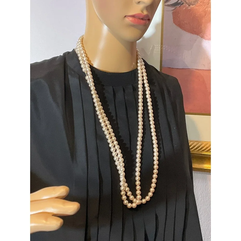 Vintage Style Faux Pearl Opera‎ Necklace Long Knotted Cream Round Bead 30 Inch
